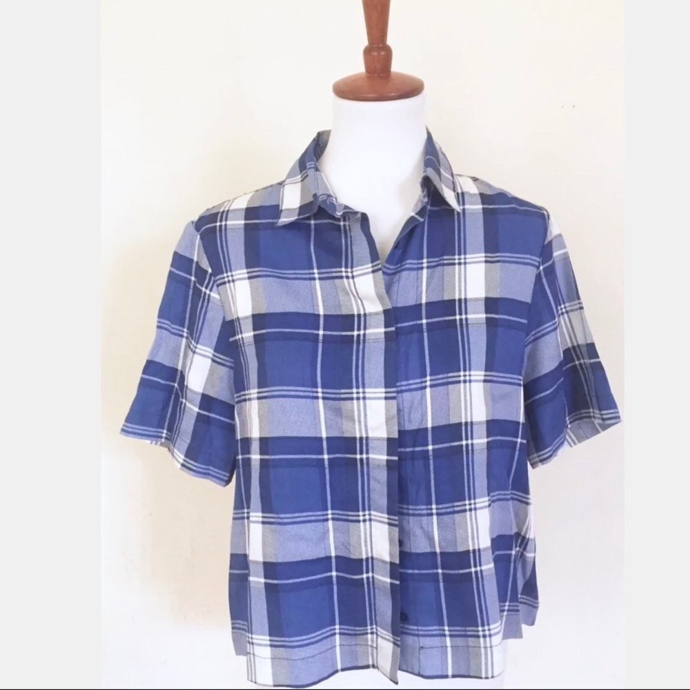 Zara Basic Blue Plaid Crop Top Medium